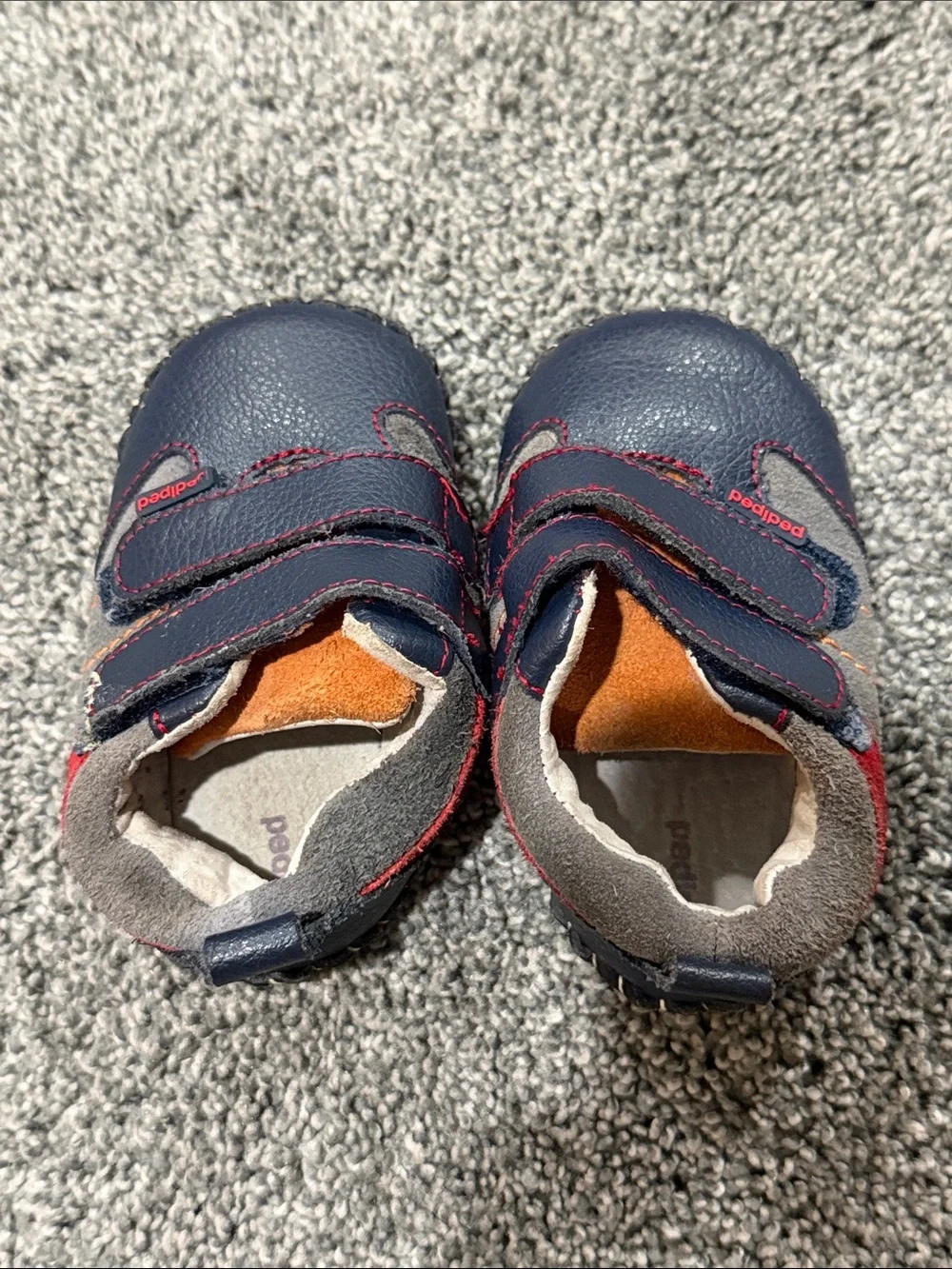 pediped Navy Leather Baby Walker Shoes with Red Stitching